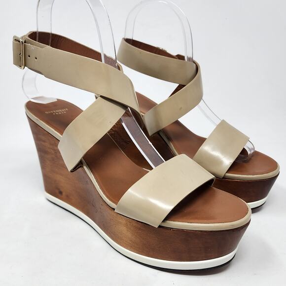 Givenchy Platform Wood Wedge Sandals Women 38/8 Tan Strappy Leather Buckle - Picture 1 of 9